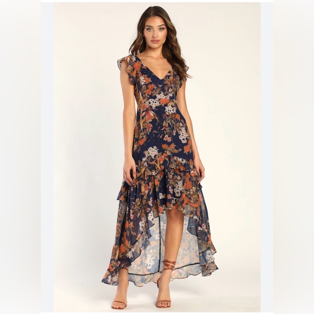 Lulu's Navy Floral High-Low Ruffle Maxi Dress with Rust & Olive Accents